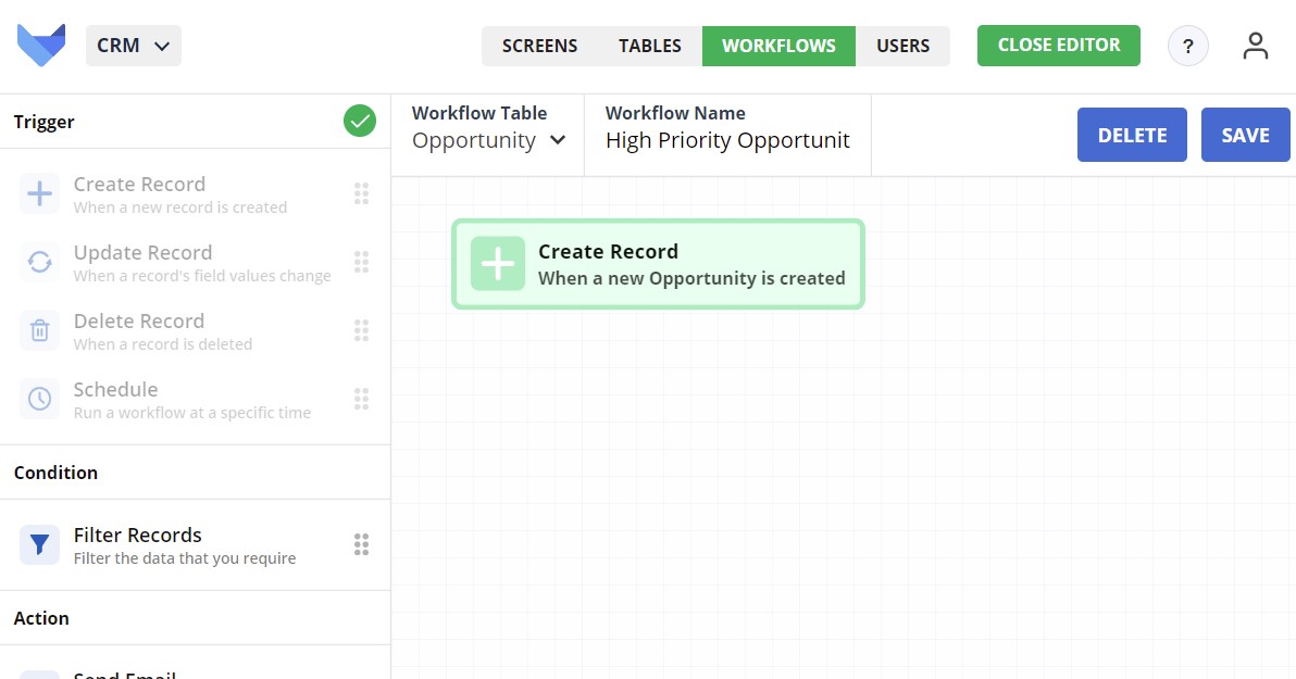 Workflow canvas with create record trigger added