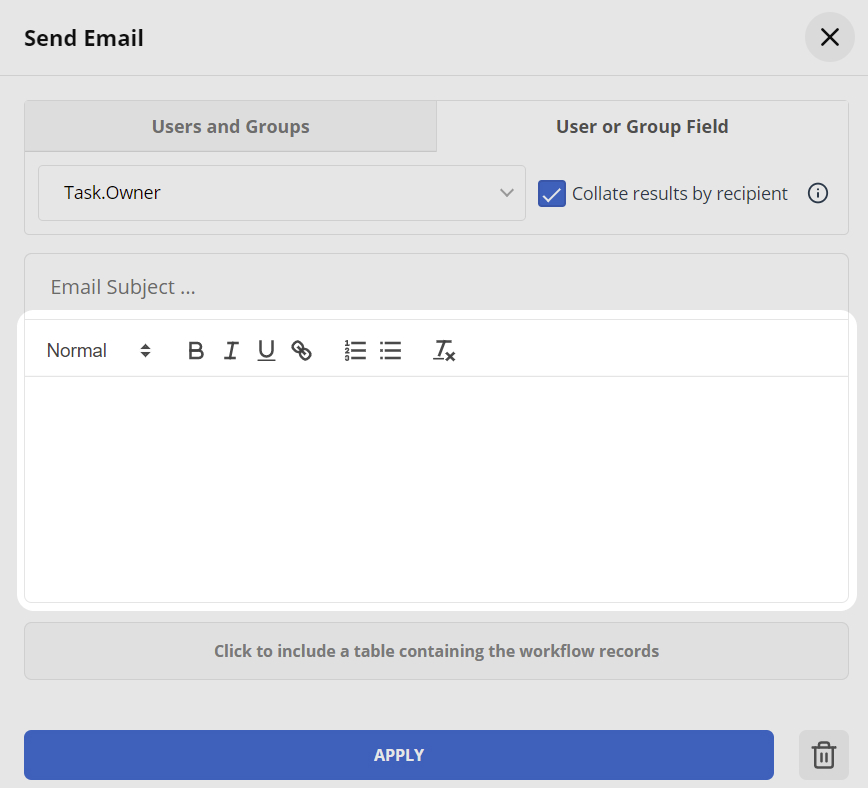 Workflow Email Body Text box
