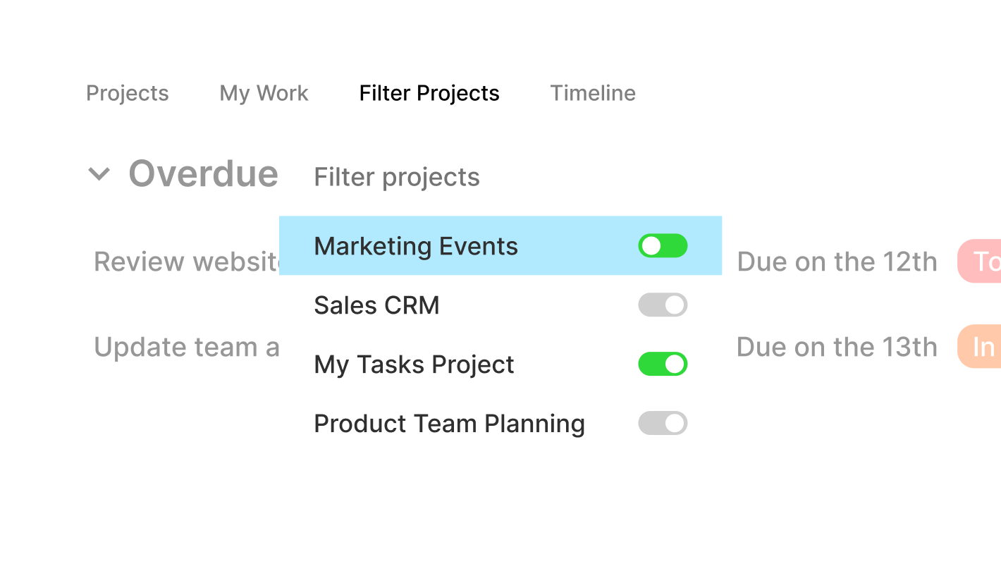 The 'My Work' view with a focus on the project filter dropdown, allowing users to select which projects to display tasks from.