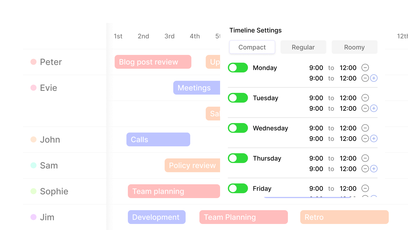 The Timeline Settings pop-up, allowing a user to set custom working hours and days for the week.