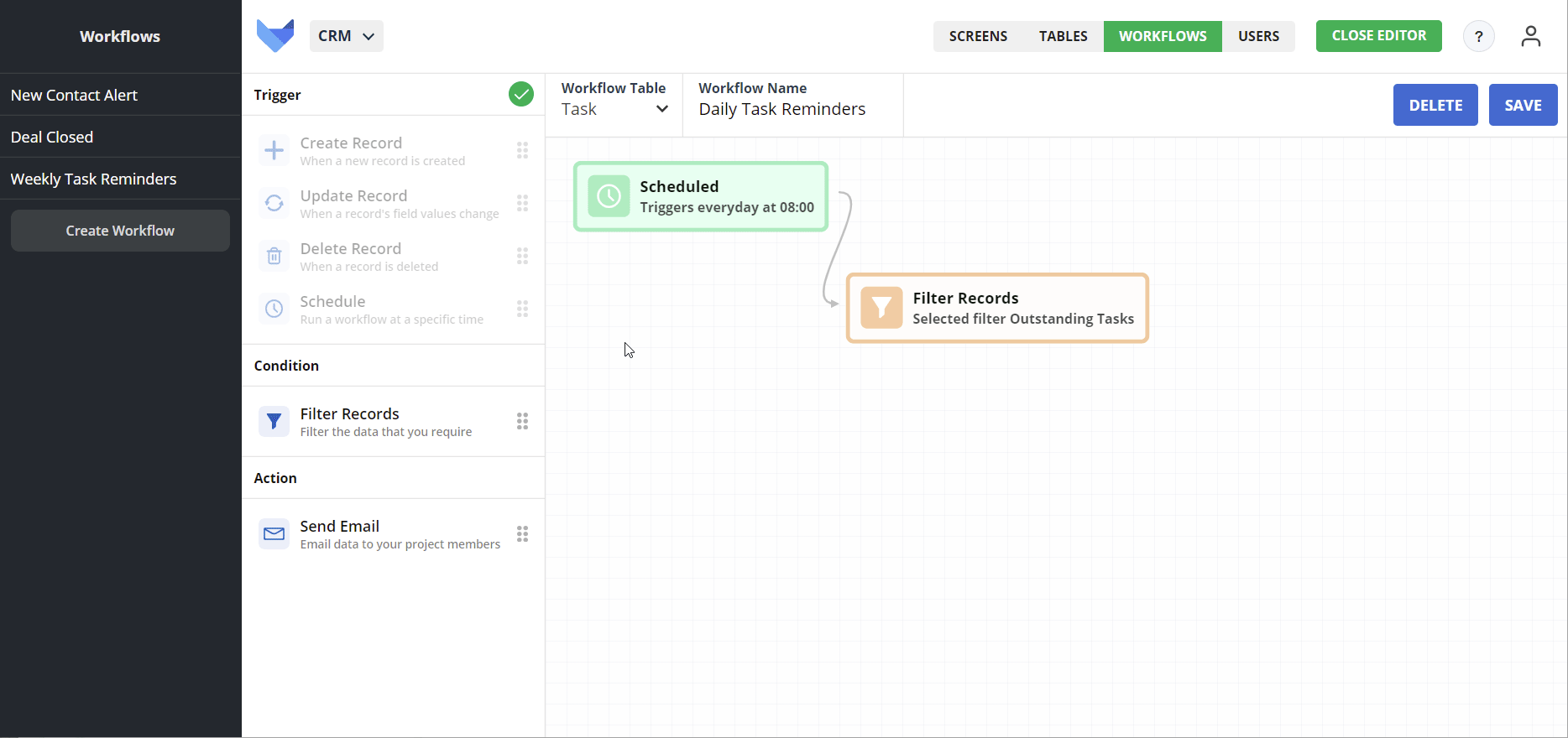 Adding a Send Email Workflow block to the Workflow canvas
